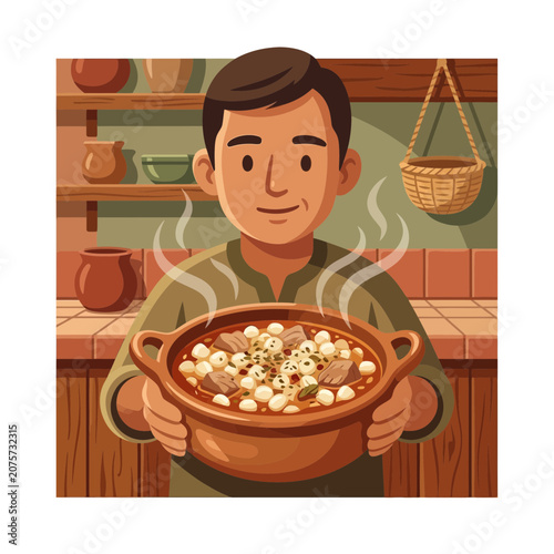 Man holding steaming bowl of pozole stew