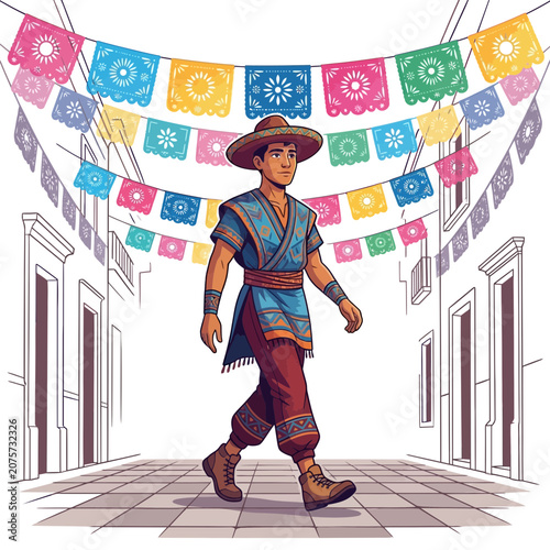 Man in traditional Mexican attire walking in festival street