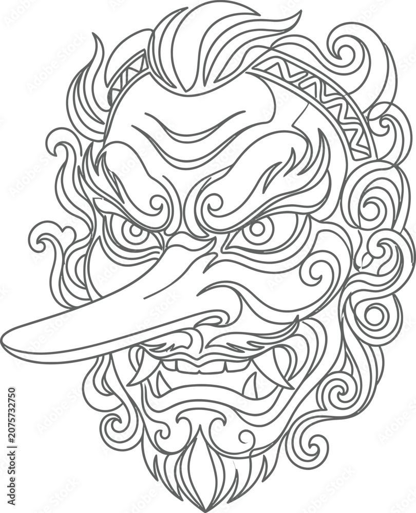 Fototapeta premium Traditional japanese tengu mask line art drawing with japanese, mythology