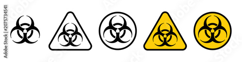 Biohazard black symbols set vector. Isolated biological hazard icons on white background. Chemical toxic virus signs concept. Black and yellow pictogram on triangle or circle. Vector illustration.