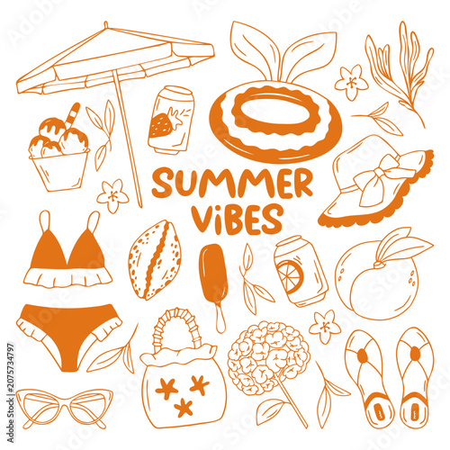 Summer beach vector set, card with bikini, beach umbrella, ring float, straw hat, woven bag, sunglasses, soda cans, lettering, orange doodle flat retro style. Vacation elements collection for banner