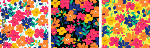 Foto summer flowers seamless pattern set with hand drawn vibrant blossom trio on whit