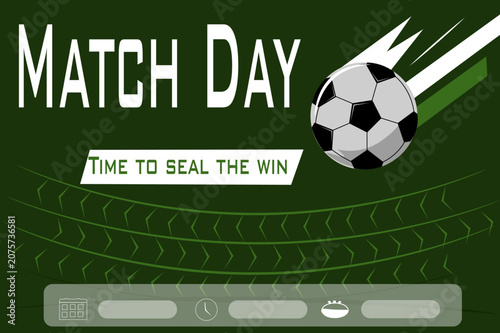 Minimal football match day social media template featuring a stadium background, football ball illustration and editable information area. Suitable for sports clubs, soccer teams and tournament promot
