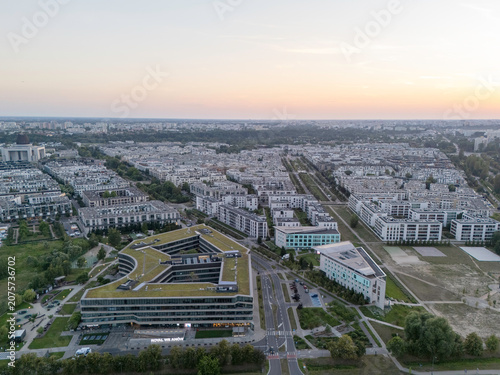 Wilanów district panorama with Temple of Divine Providence — dawn aerial drone view, Warsaw
