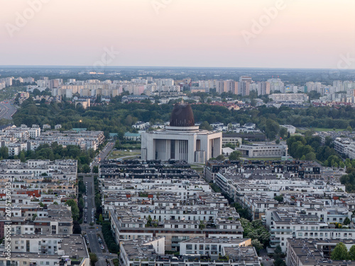Wilanów district panorama with Temple of Divine Providence — dawn aerial drone view, Warsaw