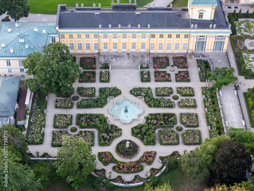Wilanów Palace close-up aerial — Baroque architecture, formal gardens, Warsaw Poland