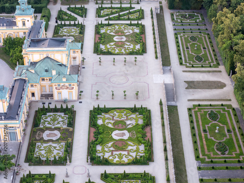 Wilanów Palace close-up aerial — Baroque architecture, formal gardens, Warsaw Poland