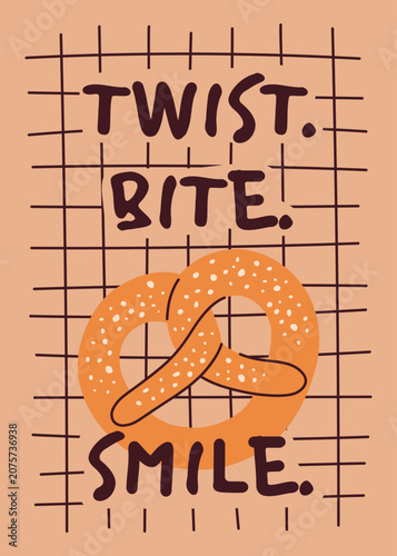 Bakery cafe poster. Modern poster with pretzel on checkered background. Vector illustration.