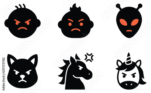 Cuadro en lienzo Animal And Mythical Creature Face Silhouettes Flat Vector Icons On White Backgro