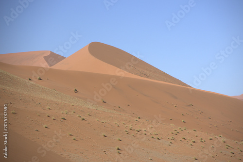 Massive Red Sand Dunes of Sossusvlei Namib Desert with Sparse Desert Grass Under Clear Blue Sky, Namibia Africa