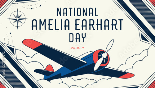 Obraz na płótnie Vintage style poster celebrating national Amelia Earhart day with airplane illus