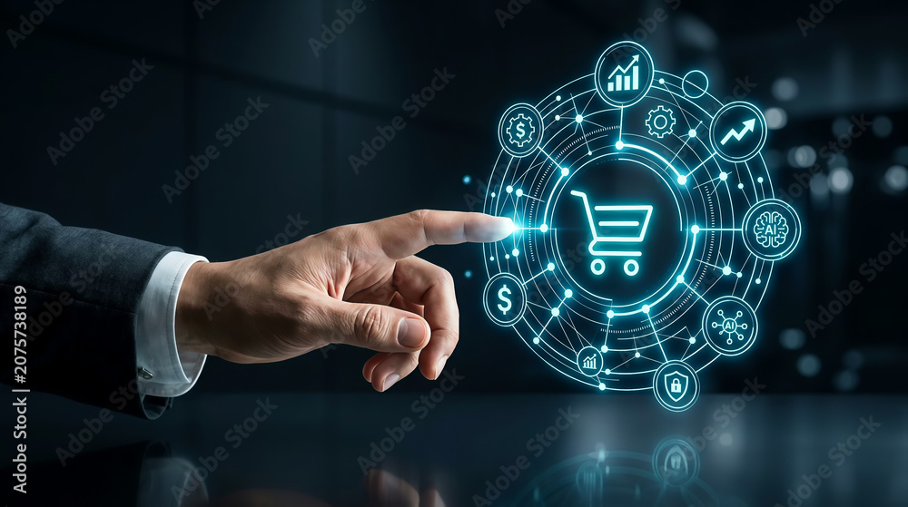 Fototapeta premium A businessman hand touching futuristic digital ecommerce shopping cart interface