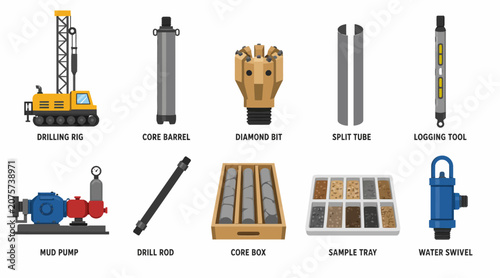Collection of drilling equipment and tools for industrial use.