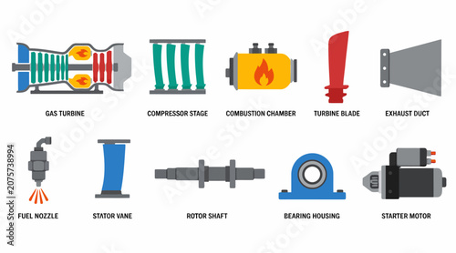 Collection of Industrial Machinery and Components Illustration.