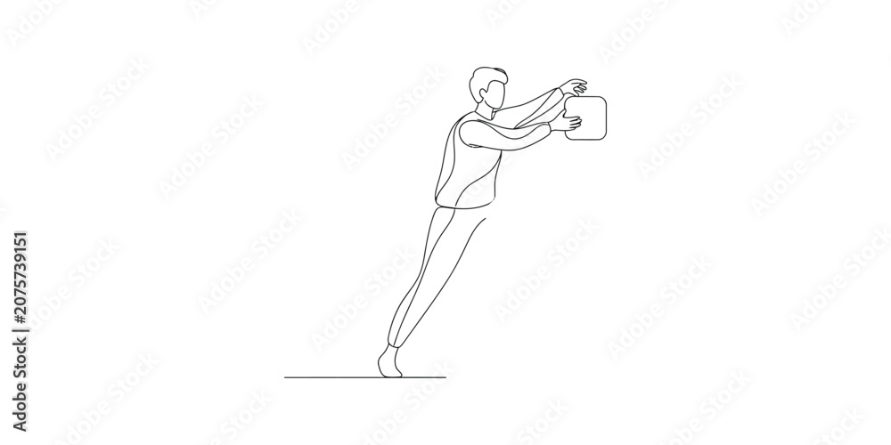 Obraz premium Man in continuous line art style holding a kettlebell demonstrating strength and fitness.