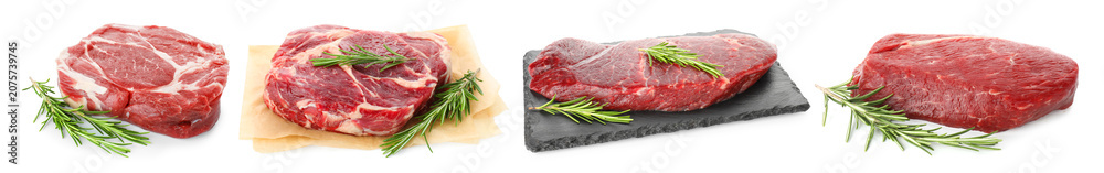 Fototapeta premium Fresh beef meat with rosemary isolated on white, set