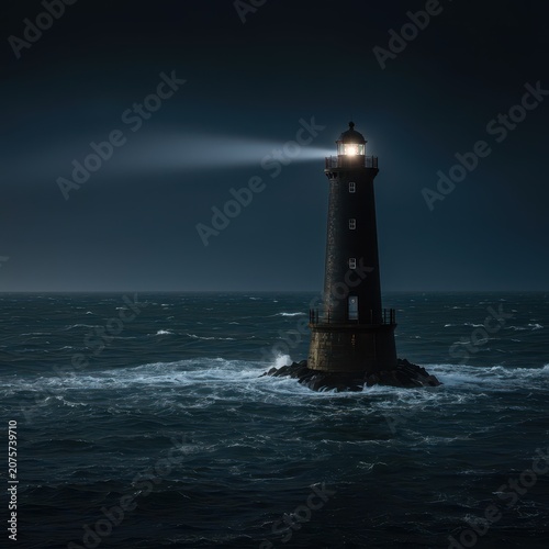 A tall coastal lighthouse structure piercing the heavy darkness, shining a powerful guiding light beam across the rough, stormy ocean water, safety, piercing, coast