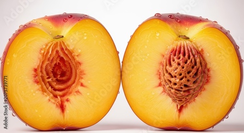 A vibrant close-up of a perfectly ripe peach, cut in half to show the juicy, golden interior and fuzzy skin texture, dessert, fruit, vibrant
