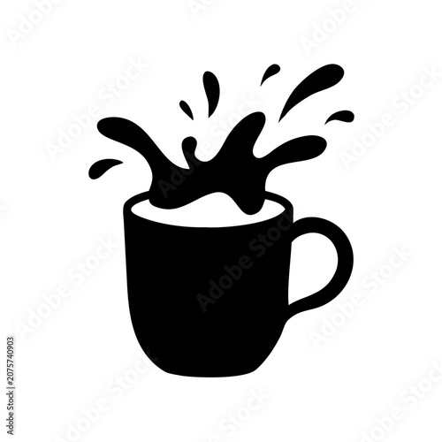 Black and white silhouette illustration of a coffee cup with a liquid splash inside caffeine beverage breakfast silhouette isolated creative abstract minimalist espresso cappuccino movement