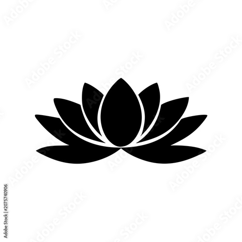 Black and white silhouette icon of a blooming lotus flower for yoga and meditation with meditation spiritual silhouette isolated botanical wellness relaxation mindfulness buddhism oriental