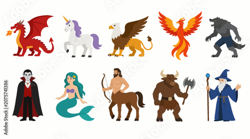 Quadro em tela Colorful collection of mythical creatures and fantasy characters.