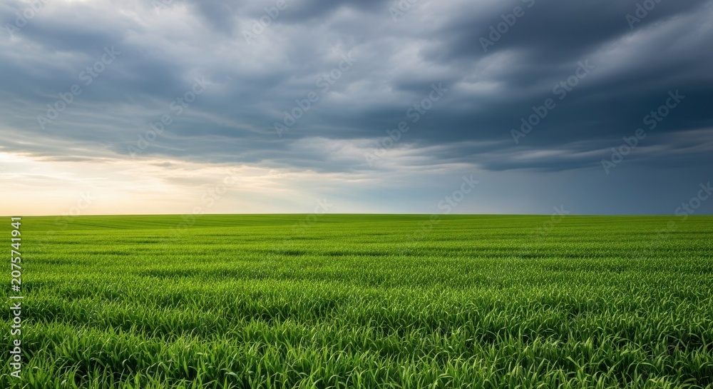 Fototapeta premium Expansive view of a vibrant green agricultural field under a massive, dramatic cloudy sky, suggesting changing weather and natural growth, bright, clouds, overcast