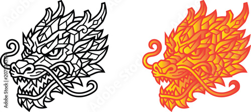 Fotografie Dual dragon head illustrations line art and fiery color versions for design proj