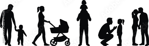 Bild auf Leinwand Black silhouettes of family members and baby stroller