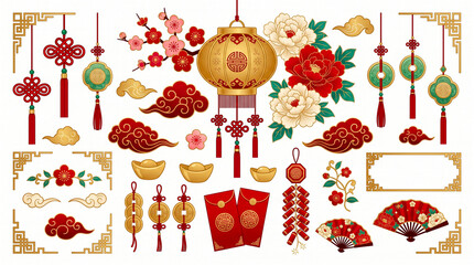 Chinese New Year Traditional Oriental Decorative Vector Set with Gold Lanterns, Flowers, Clouds, Frames and Festival Elements for Luxury Lunar Celebration Design