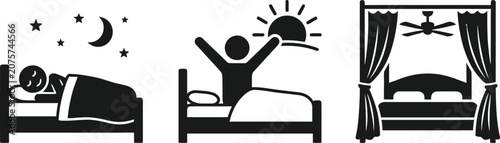 Fényképezés Black and white bedroom icons with people