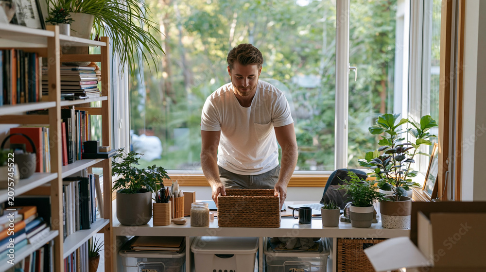 Fototapeta premium Man organizing a home office workspace, placing a basket on a desk with books, plants, and natural light