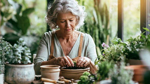 Senior woman potting indoor plants in a sunlit greenhouse, enjoying her tranquil gardening hobby during retirement