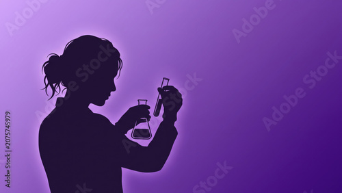 Minimalist silhouette of a female scientist holding a test tube and flask against a vibrant purple gradient. Composed using the rule of thirds, it features high contrast and ample copy space.