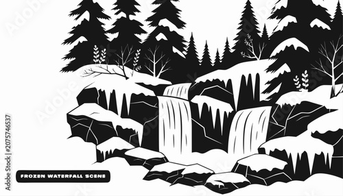 Cuadro en lienzo Very beautiful black and white vector of a FROZEN WATERFALL SCENE with a bold la