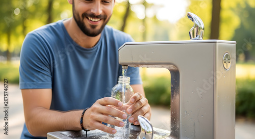 Smiling man filling water bottle at outdoor water fountain in park  