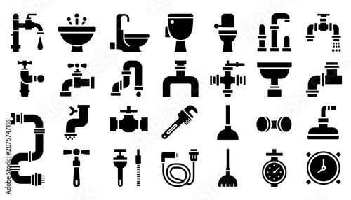 Plumbing fixtures and tools collection black silhouette icons for bathroom and pipeline systems