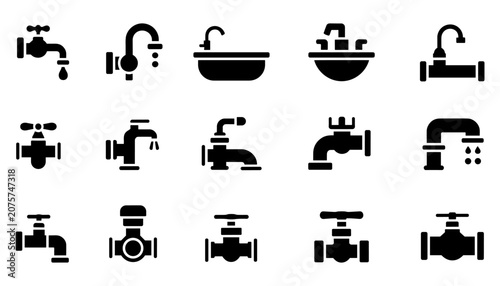 Plumbing fixtures icon set faucets taps and valves black silhouette glyphs on white background