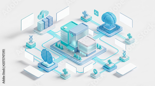 Isometric AI medical center network illustration