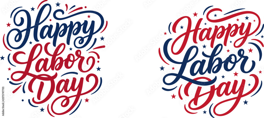 Fototapeta premium Happy Labor Day Hand Lettering, Patriotic USA Typography, Stars and Ribbon Elements, Vector Illustration