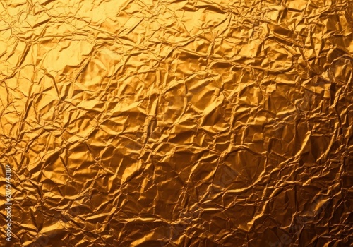 Abstract background featuring richly textured, crumpled golden foil reflecting light, suitable for festive designs or luxury packaging, material, shiny texture, light reflection