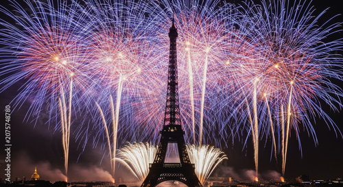 Eiffel Tower in Paris illuminated by a spectacular fireworks display during a night celebration