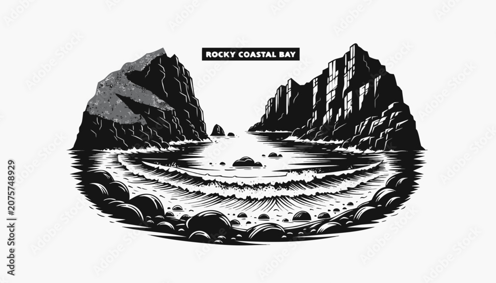 Naklejka premium Very beautiful black and white vector of a ROCKY COASTAL BAY with a bold label reading