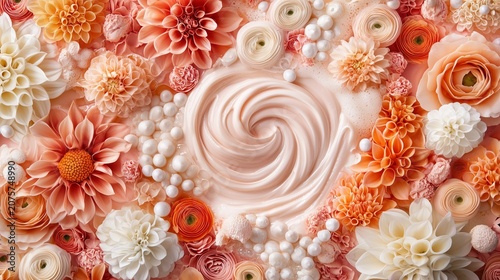 Cosmetic cream swirl texture with pastel dahlia flowers and white pearls background