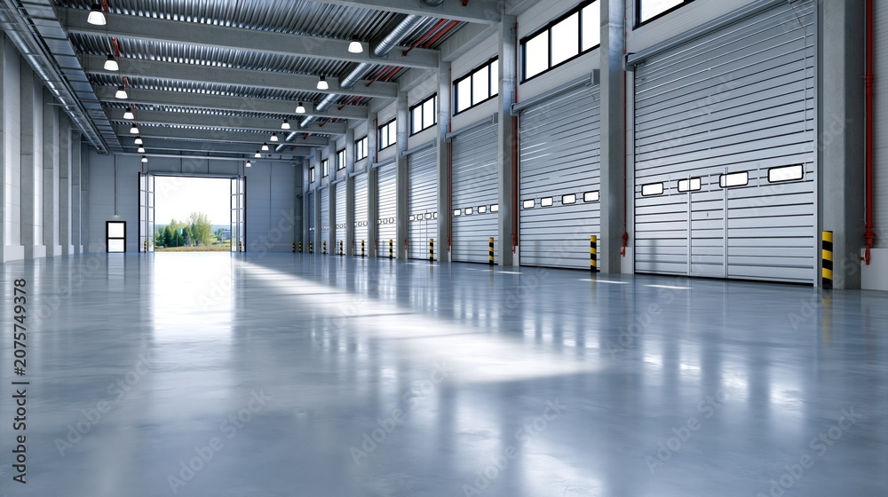 Fototapeta premium Spacious industrial warehouse interior with large windows and polished concrete floor, bright lighting