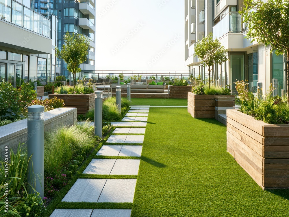 Fototapeta premium Modern urban rooftop garden with green grass, wooden planters, and stone pathways in city setting