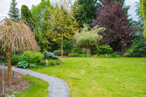 Foto A garden with colorful trees, a path made of gray stone, and a lawn