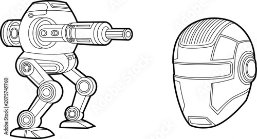 Obraz na płótnie Futuristic sci-fi robot walker mech with cannon arm and robotic helmet line art