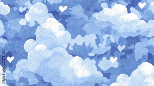 Dreamy blue sky illustration with fluffy clouds and white hearts seamless pattern