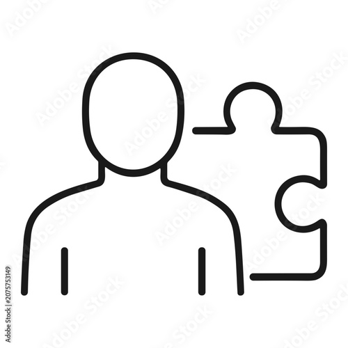 Minimal monochrome line icon of a user profile silhouette with a puzzle piece beside the head, representing profile integration, personalization, support, and account settings