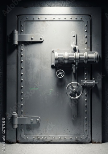 A massive, grey steel door with heavy hinges and locking mechanisms, suggesting a secure underground bunker entrance for safety and protection, grey, escape, construction